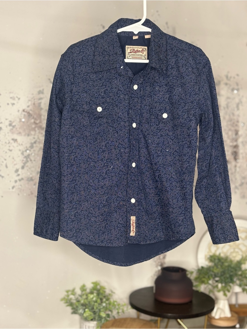 Rafter C Boys Western Pearl Snap Shirt Blue Paisley Long Sleeve Small S